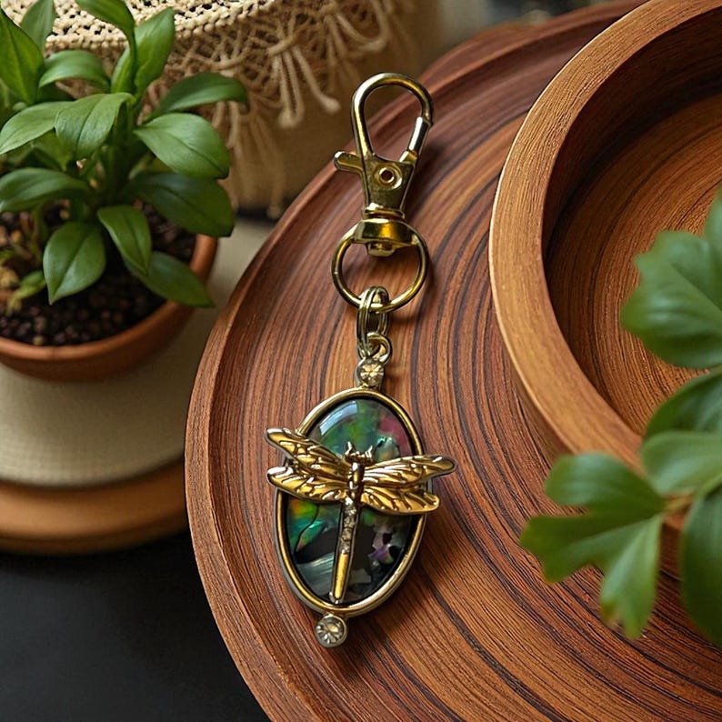 Gold Dragonfly Purse Charm, Unique Abalone Handbag Jewelry, Zipper Pull for Backpacks, Cute Zipper Charms, Cool Keychain Charms, Mom Gifts image 2