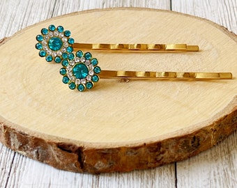 Rhinestone Hair Pins, Blue Flower Hair Pins, Hair Pins For Woman, Womens Hair Pins, Decorative Bobby Pin, Mothers Day Gift, Wedding Hair Pin