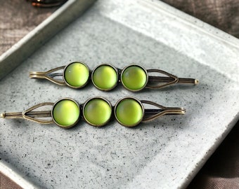 Green Rhinestone Bobby Pins, Cute Womens Hair Clips, Pretty Bobby Pins Set, Colorful Funky Barrettes, Satin Green Hair Pin, Womens Bobby Pin