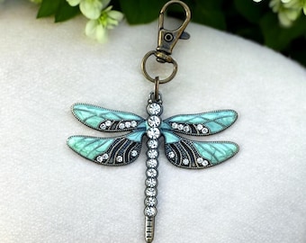 Dragonfly Purse Charm – Mint Rhinestone Bag Accessory – Enamel Insect Keychain – Boho Nature Mom Gifts for Her – Antique Brass Summer Style