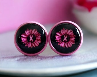 Breast Cancer Awareness Pink Ribbon Sunflower Stud Earrings, Cute Earrings for Women, Fun Unique Colorful Unisex Earring Gift for  Survivor