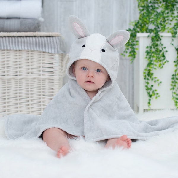 Serviette cadeau personnalisée à capuche pour bébé avec lapin et pois - Cadeau personnalisé pour bébé