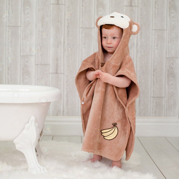 Poncho serviette personnalisé pour tout-petit Singe coquin - Cadeau personnalisé pour enfant