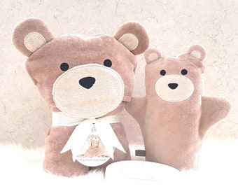 Personalised Teddy Baby Towel and Bath Mitt Gift Set