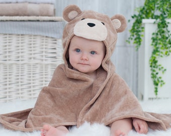 Personalised Brown Teddy Baby Hooded Towel – Teddy Bear Baby Bath Towel – Baby Shower Gift
