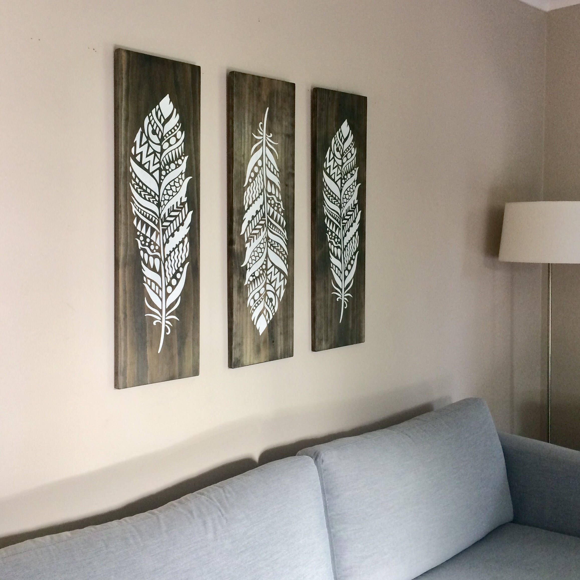Large Feathers Wall Art on Wood 3 Piece Set Boho Decor Etsy