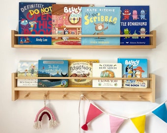 SET OF 2 SHELVES - Bookshelf with Hooks & Bookshelf - Nursery Kids Room Decor, Montessori Kids Shelf, Kids Wooden Hooks - Peg Rail - Pine