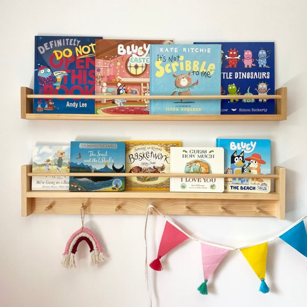 SET OF 2 SHELVES - Bookshelf with Hooks & Bookshelf - Nursery Kids Room Decor, Montessori Kids Shelf, Kids Wooden Hooks - Peg Rail - Pine