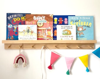 Book Ledge with Hooks -  Wood Kids Bookshelves - Peg Rail Wood Hooks - Timber Bookshelf Wall Mount - Nursery Kids Decor - Picture Ledge Pine