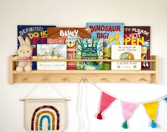 Kids Bookshelf with Hooks - Wood Kids Bookshelves - Peg Rail Wood Hooks - Timber Bookshelf Wall Mount - Nursery Kids Decor - Kids Books
