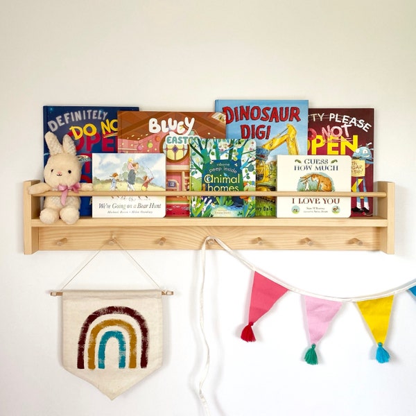 Kids Bookshelf with Hooks - Wood Kids Bookshelves - Peg Rail Wood Hooks - Timber Bookshelf Wall Mount - Nursery Kids Decor - Kids Books