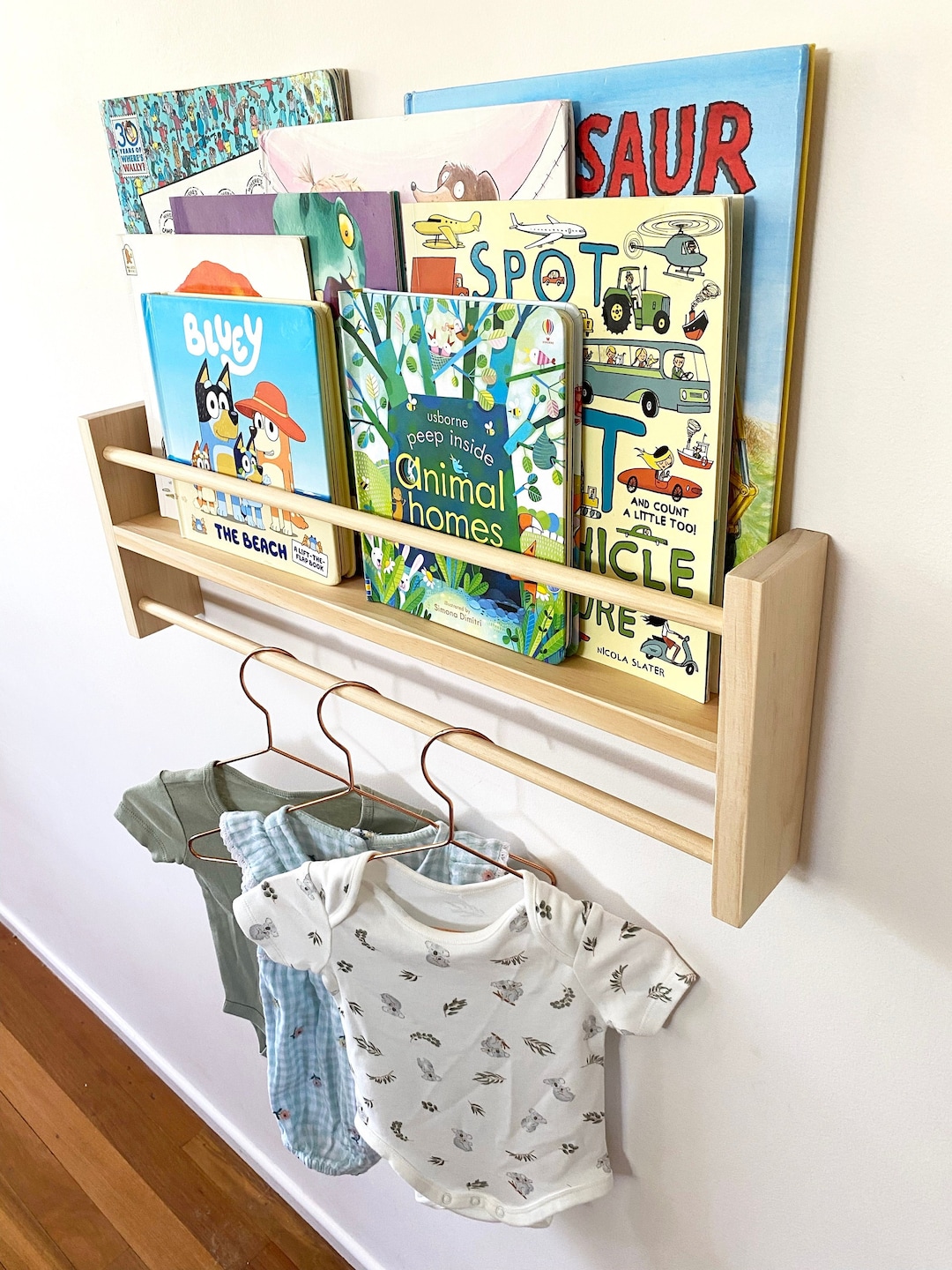 Hanging Rack / Bookshelf Combo Nursery Hanging Rack Kids Wooden Clothes ...