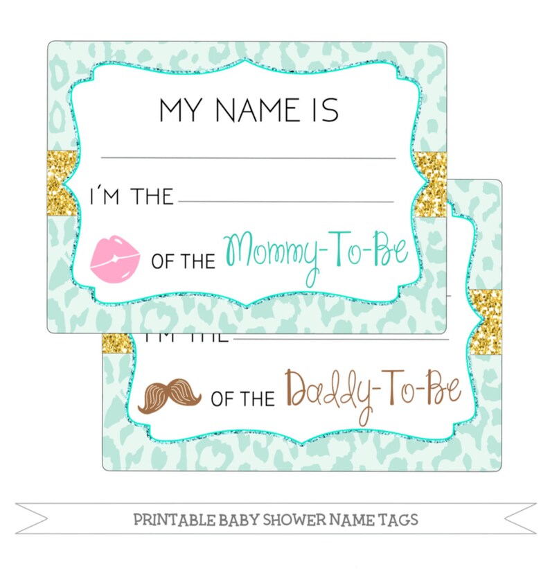 printable baby shower name tags teal cheetah print etsy