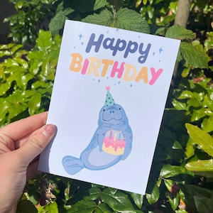Schattige verjaardagskaart lamantijn, zeeleven kunst, dierenliefhebber verjaardagskaart, leuke oceaanthemakaart, generieke verjaardagskaart, Florida, voor moeder
