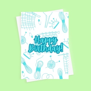 Cartão de aniversário com estampa de costura, cartão para avó, ponto cruz, tricô, cartão de aniversário azul, aniversário com tema de artesanato, cartão para estudante de arte
