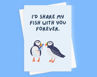 Adorable carte d'anniversaire de macareux, carte de Saint-Valentin imprimée oiseau, carte d'anniversaire bleue, jolie carte d'art animalier britannique, pour partenaire petit ami