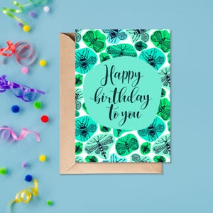 Verjaardagskaart met insectenprint | Insectenverjaardagskaart | Entomologie verjaardagskaart | Verjaardagskaart voor entomoloog | Blauwgroen | Artistieke print Libelle