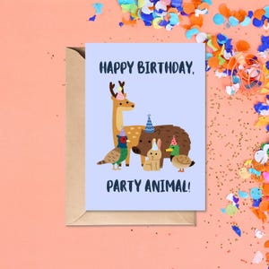 Tarjeta de cumpleaños con animales de fiesta de Woodland Critters / Tarjeta de cumpleaños caprichosa con estampado de animales / Tarjetas de cumpleaños para niños / Tarjeta para amantes de los animales / Linda