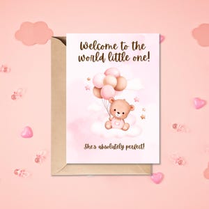 Cute Baby Shower Card, Pink teddy bear print, expecting parents card for baby girl, high quality gloss card with envelope