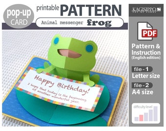 May include: Printable PDF pattern for a pop-up card featuring a green frog holding a sign that says "Happy Birthday! I hope that today is the beginning of another wonderful year." The pattern includes instructions for making the card in letter and A4 sizes. The difficulty level is rated as medium.