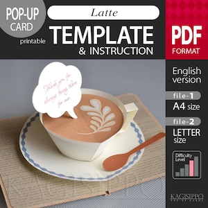 Pode incluir: Modelo e instruções de cartão pop-up Latte imprimível em formato PDF. O cartão apresenta uma chávena de café de papel com um desenho de folha e um balão de fala que diz "Obrigado por estar sempre lá por mim."