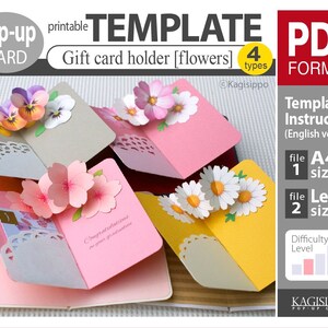 Template [Gift card holder (flowers) ]  pop-up card  (PDF_digital download file)