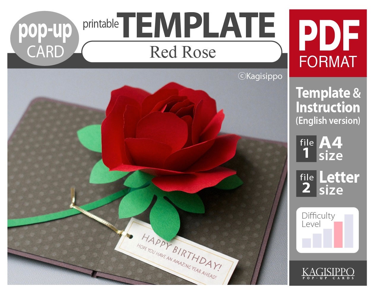 Template_popup Card_red Rose pdf_digital Download File Etsy UK