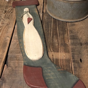 Primitive wood stocking, wall sign, snowman decor