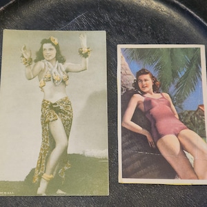 May include: Two vintage postcards. One shows a woman in a floral bikini and skirt, dancing with flower leis. The other depicts a woman in a red swimsuit leaning against a palm tree. Both cards have a retro aesthetic.