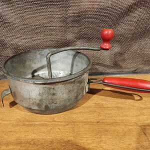 vintage Foley food mill w/ red painted wood handles, hand crank kitchen  strainer
