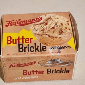vintage ice cream container, Heilemann's butter brickle, advertising