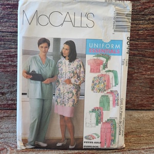 May include: McCall's sewing pattern for Uniform Essentials. The pattern features images of women in various uniform styles, including tops, pants, and a jacket. The pattern includes the text "PETITE-ABLE OVERLOCK/" and "9044".