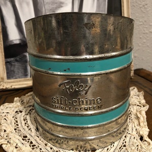 Vintage Foley Sift chine triple screen sifter, turquoise striped