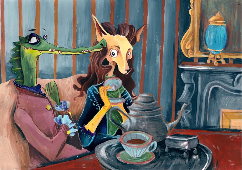 Tea Time PRINT A4A5 dog, crocodile, doggo, dog, British, gouache, classic neo Mary Cassatt