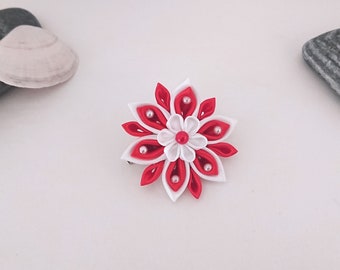 Red and white kanzashi flower hair clip