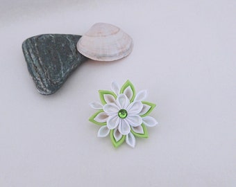 Apple green and white kanzashi flower hair clip