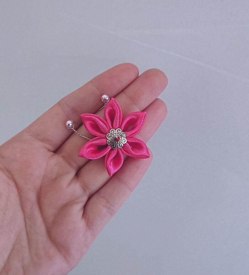 Pink satin flower hair pins image 2