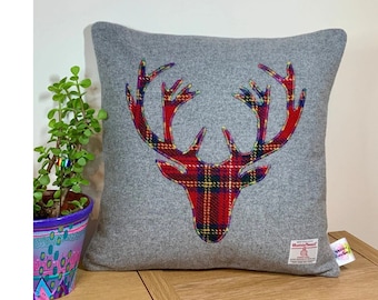 Cushion With Red Tartan Highland Stag Made with Harris Tweed, Stag Cushion Scottish Gift Home Decor 16"