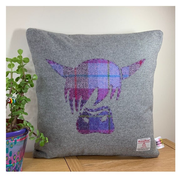 Highland Cow Tweed Throw Pillow, Purple Tartan Scottish Harris Tweed Handmade Cushion, Country Chic Home Decor 16"