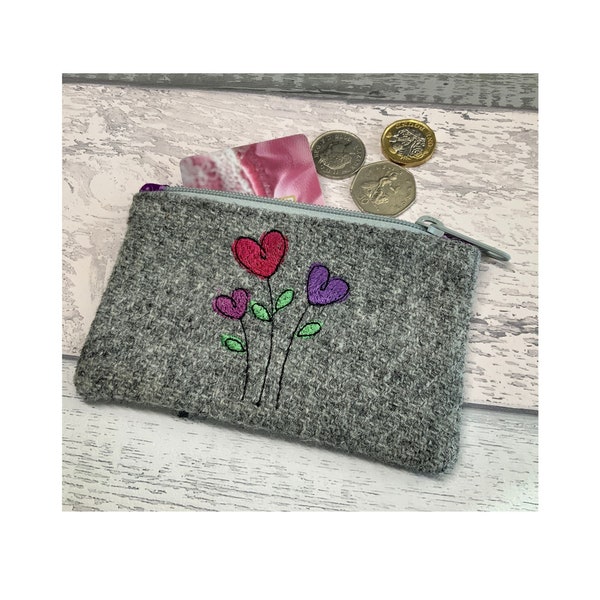 Harris Tweed Grey Coin Purse with an Embroidered Pink and Purple Heart Flower Design, Change Purse, Coin Pouch, More Colours Avaiable