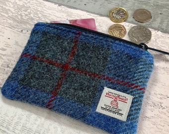 Blue Tartan Coin Purse, Scottish Harris Tweed Small Change Purse