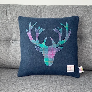 Highland Stag Tweed Throw Pillow, Purple and Green Tartan Scottish Harris Tweed  Handmade Cushion, Country Chic Home Decor 16"