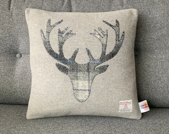 Cushion With Dark Grey Tartan Highland Stag Made with Harris Tweed, Stag Cushion Scottish Gift Home Decor 16"