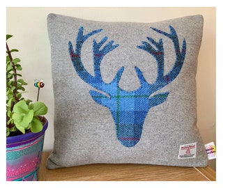 Cushion With Blue Tartan Highland Stag Made with Harris Tweed, Stag Cushion Scottish Gift Home Decor 16"