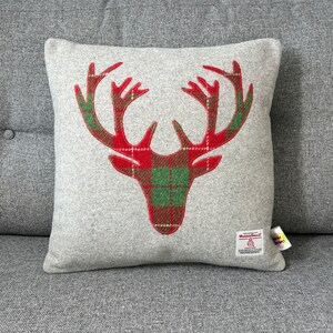 Harris Tweed  Christmas Reindeer Stag Cushion Cover, Red and Green Tartan Highland Stag Cushion, Christmas Scottish Gift Home Decor 16"