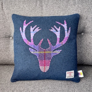 Cushion With Purple Tartan Highland Stag Made with Harris Tweed,  Stag Cushion Scottish Gift Home Decor 16"