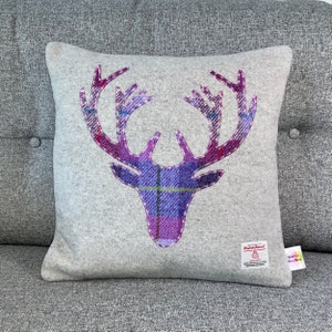 Cushion With Purple Tartan Highland Stag Made with Harris Tweed, Stag Cushion Scottish Gift Home Decor 16"