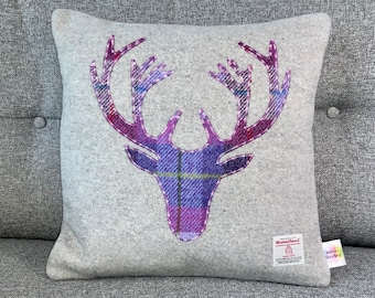 Cushion With Purple Tartan Highland Stag Made with Harris Tweed, Stag Cushion Scottish Gift Home Decor 16"