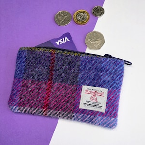 Harris Tweed Coin Purse: Handmade Purple Tartan Scottish Gift