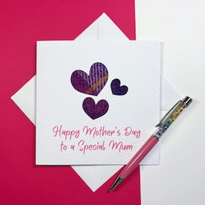 Scottish Harris Tweed Mother&#39;s Day Greeting Card, Hearts Design with Tartan Harris Tweed,  Mother&#39;s Day Card, Mummy Day Card, Colour Choice